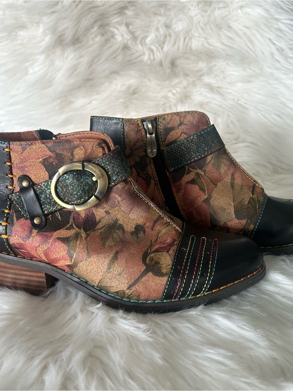L'Artiste Georgiana Rose Painted Leather Booties Black Multi Floral